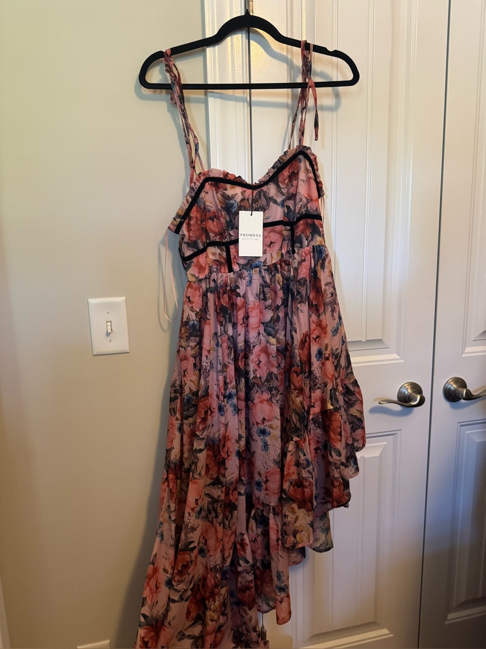 Promesa Pink Floral High-Low Chiffon Dress with Black Trim